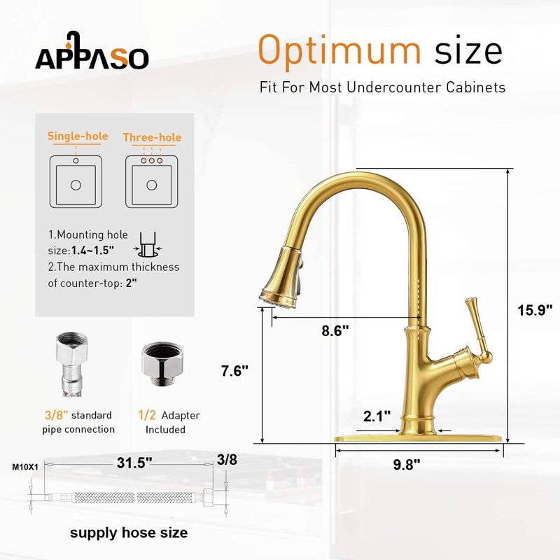 Pull Down Single Handle Kitchen Faucet with Sprayer and Deck Plate, Brushed Gold