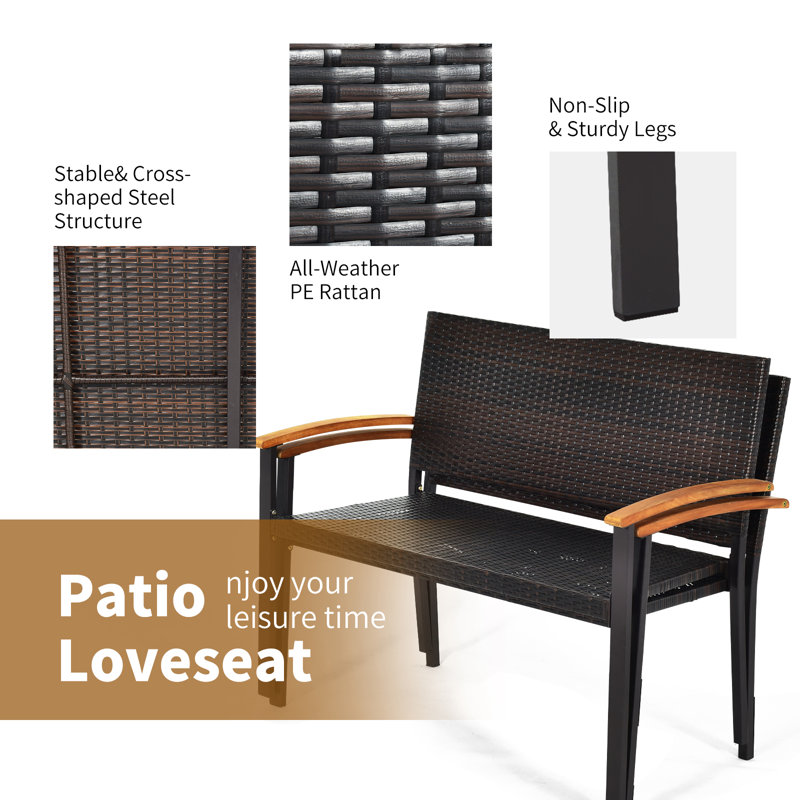Weather-Resistant Rattan Wicker Loveseat with Steel Frame and Acacia Armrests