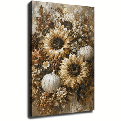 Tournesols dorés et citrouilles blanches avec feuillage d'automne, toile murale florale vintage sur le thème de la récolte