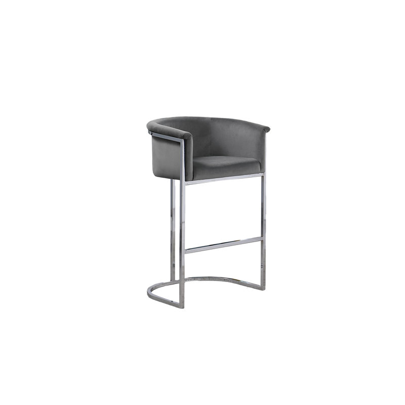 Tabouret de comptoir 24 po Maheer en velours et base chromée (chaise simple), Chrome, Gris foncé, 24"