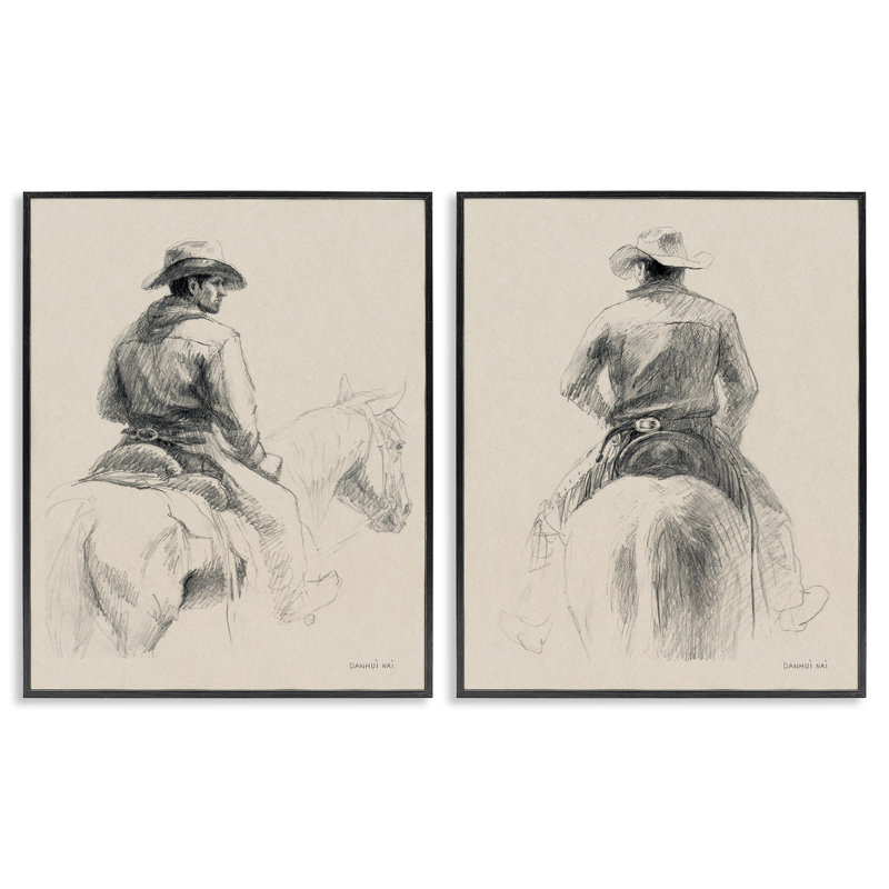  «Cowboy esquissé sur un ensemble de 2» par Danhui Nai, H 30 po x l 24 po, Giclée encadrée noir minuit