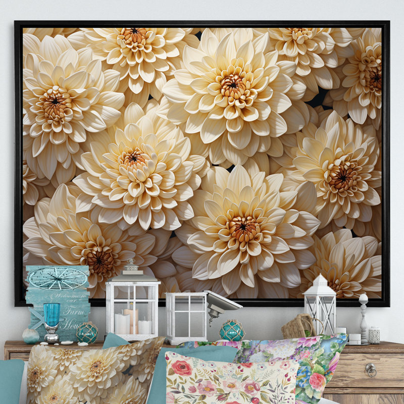 «White Minimalisme Chrysanthemums», mosaïque sur toile, Cadre flottant noir, H 34 po x l 44 po x P 1,5 po
