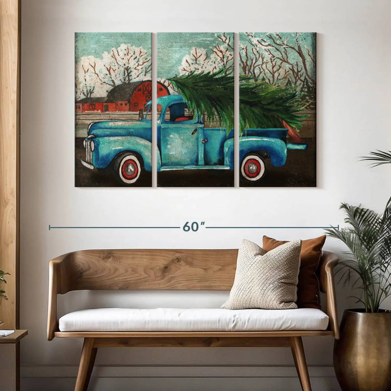 Camion bleu Mehar et arbre I, H 32 po x l 50 po