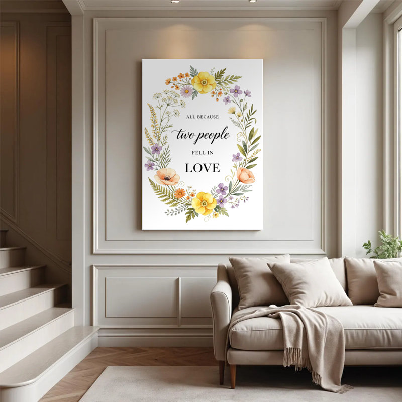 « Tout ça parce que deux personnes sont tombées amoureuses » - Couronne florale, aquarelle imprimée sur toile tendue - Rose