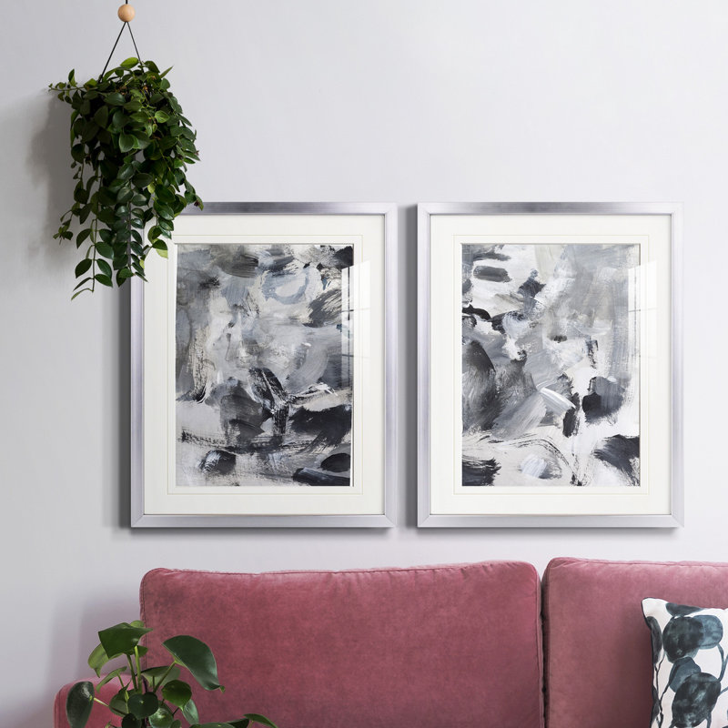 Mélange Noir et Blanc I - Ensemble de 2 tableaux encadrés sous verre, grands formats, pour salon.