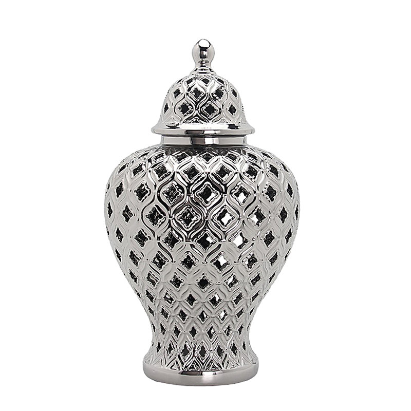 Ava Modern Pierced Lattice Ceramic Ginger Jar with Removable Lid (Not sold as a set), 18" H x 10.5" W x 10.5" D, Silver