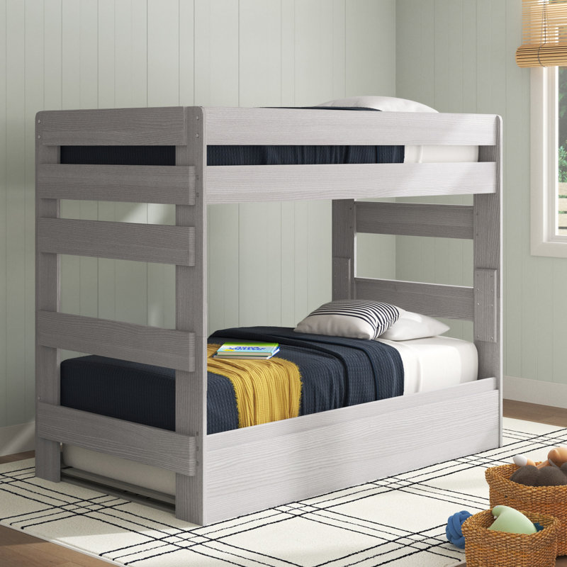Lit superposé simple au-dessus de simple en bois massif avec lit gigogne Decimus, Blanc délavé