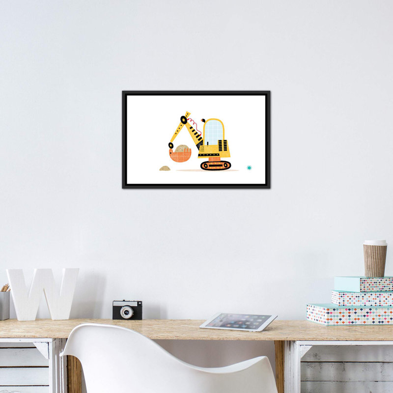 Excavator - impression d'art graphique, Pas de tapis, Toile avec cadre noir patiné, H 18 po x l 26 po x P 1,5 po
