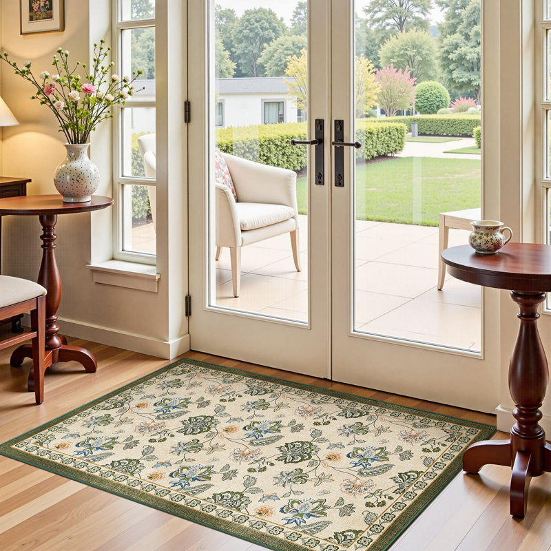 Chinoiserie Floral Rug Vintage Romance Design Washable Non-slip Green/Beige, Green/Beige, Rectangle 3' x 5'
