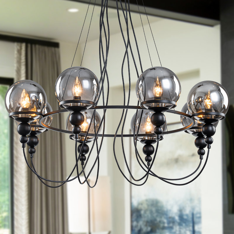 Lustre linéaire à 8 lumières avec globes en verre fumé - Éclairage d'îlot de cuisine en métal noir industriel 33,5 po, hauteur réglable 18,9 po -85,8 po, homologué ETL et UL