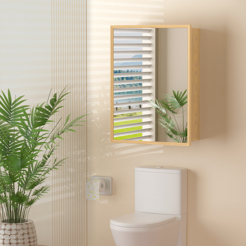 Beveled Frame Wood Medicine Cabinet with Mirror, Adjustable Shelves, Soft-Close Hinges, Reversible Door, Wall-Mount or Recessed Bathroom Cabinet, Light Oak