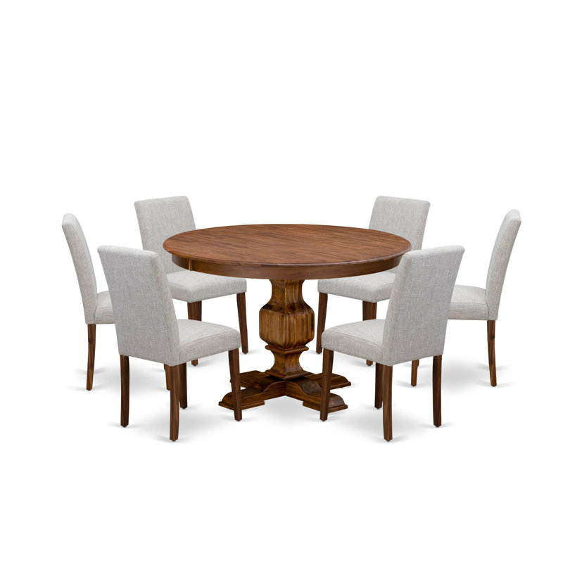 Antique Walnut Pedestal Dining Table with 6 Doeskin Linen Chairs