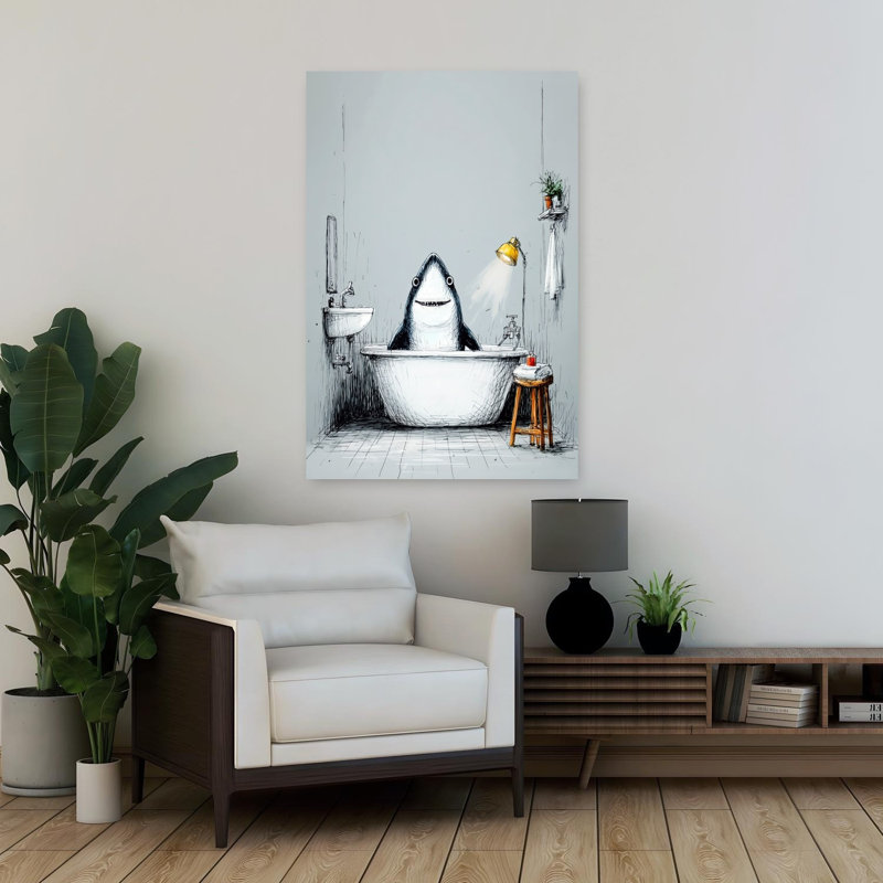 Requin dans une baignoire 2 art mural contemporain requin, H 36 po x l 24 po