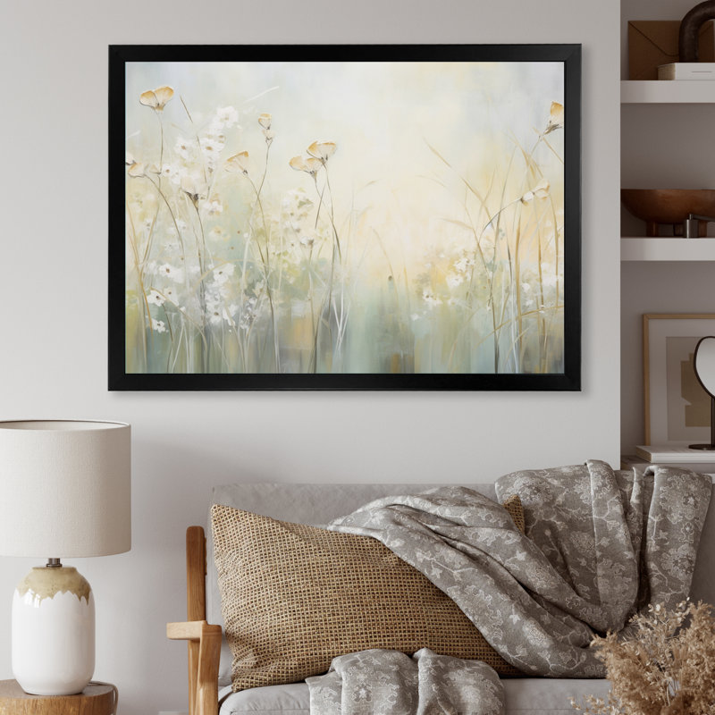 «Green Beige Serene Meadows I», reproduction d'art sur toile, Cadre simple noir, H 12 po x l 20 po x P 1 po