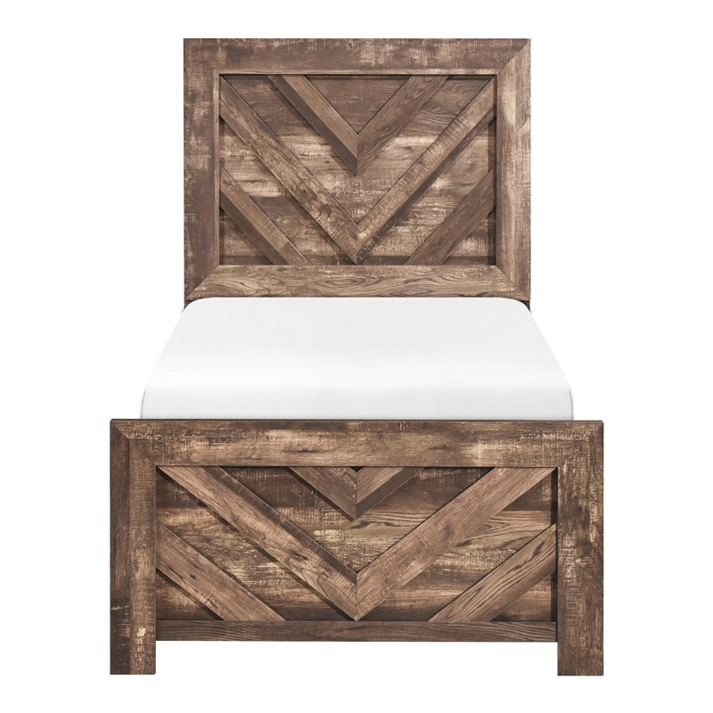 Structure de lit simple moderne en brun rustique, bois et d'ingénierie avec tête de lit, rails, sommier tapissier taille requise, mobilier en bois,