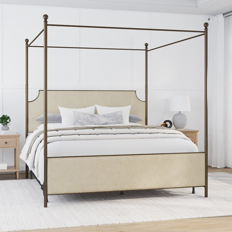 Olague Low Profile Canopy Bed, King, Oiled Bronze/Linen Stone