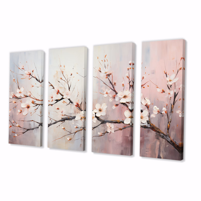 Arbre de fleurs de cerisier rose et blanc II - cerisier, 4 pièces, H 32 po x l 64 po