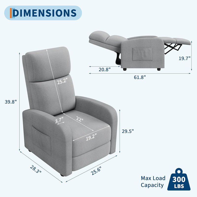 Recliner Chair For Adults, High Backrest, Thick Cushion, With Side Pocket, Light Gray