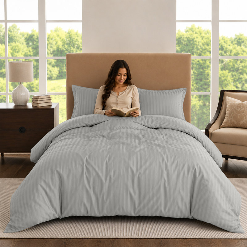 Florane Microfibre 250 TC Reversible Modern & Contemporary Stripe Duvet Cover Set with Pillow, Grey