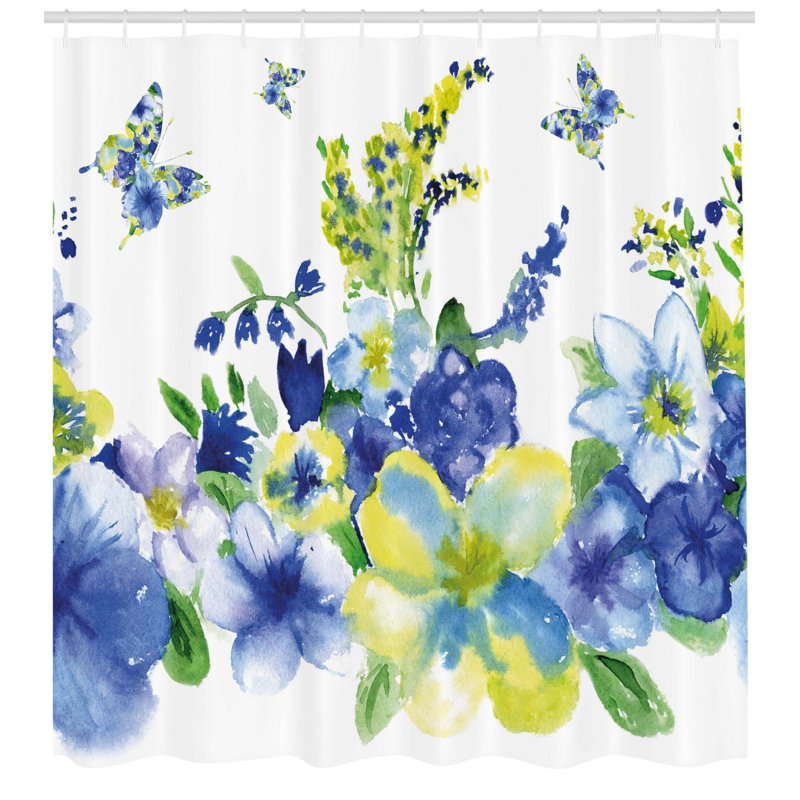 Blue and Yellow Floral Watercolor Fabric Shower Curtain