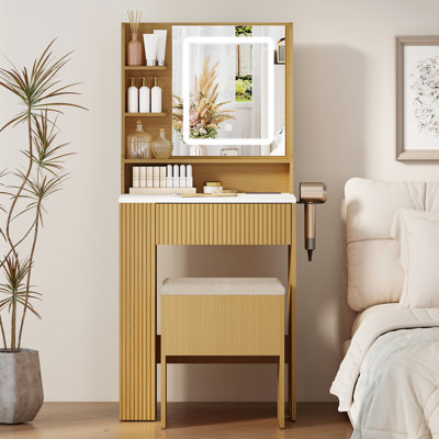 Ensemble de coiffeuse lumineuse avec miroir DEL, tabouret rembourré assorti et étagères de rangement à plusieurs niveaux, commode moderne cannelée pour chambre, petit espace