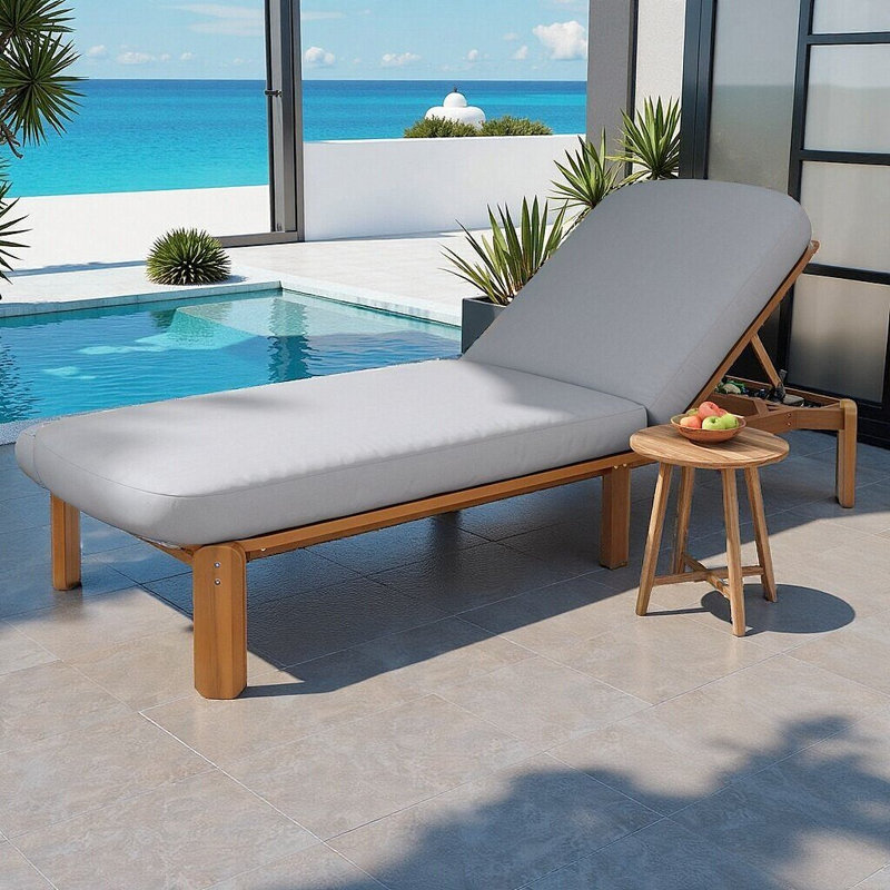 Outdoor Chaise Lounge, Adjustable Acacia Wood Patio Recliner with 3-Position Backrest, Thick Water-Resistant Cushions, 440 lb Capacity for Poolside, Patio, or Beach