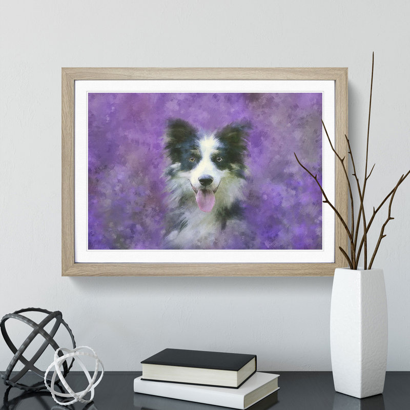 Border Collie In The Purple Flowers Painting - Single Picture Frame Print on MDF, Oak, 45cm H x 33cm W x 2cm D