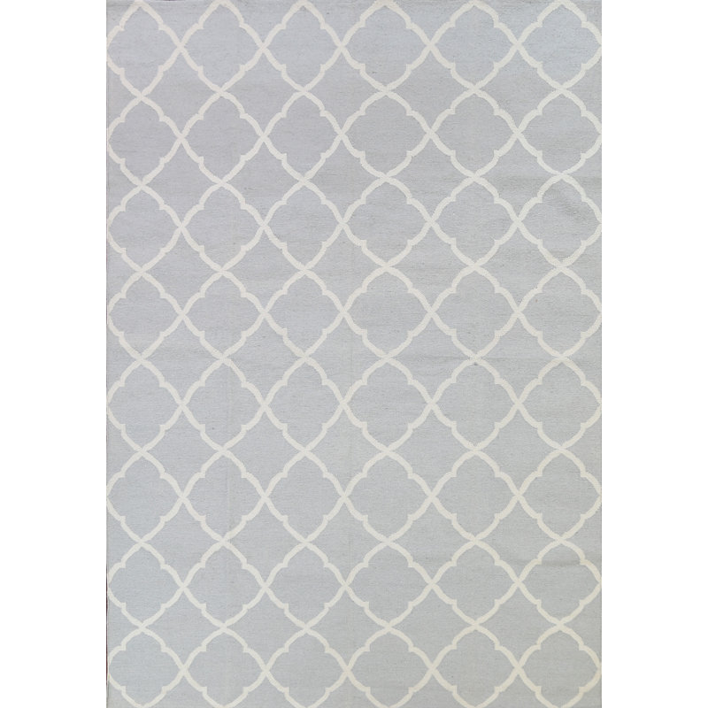 Tapis gris / blanc en laine tissé à plat à la main à motif géométrique, Rectangle 8 pi x 10 pi