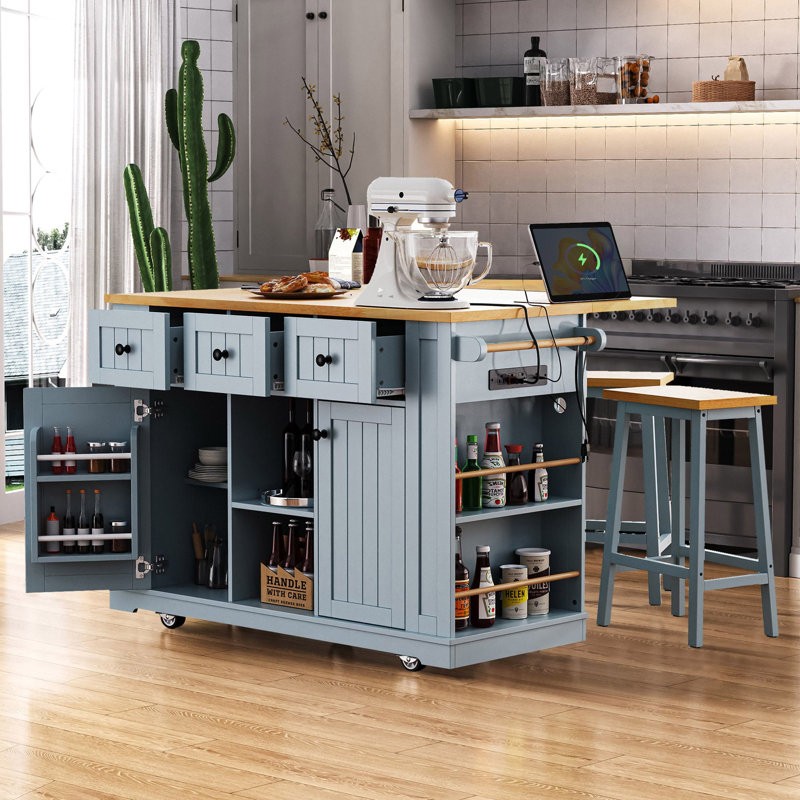 Arlonda 53'' Kitchen Island  With 2 Bar Stools, Gray