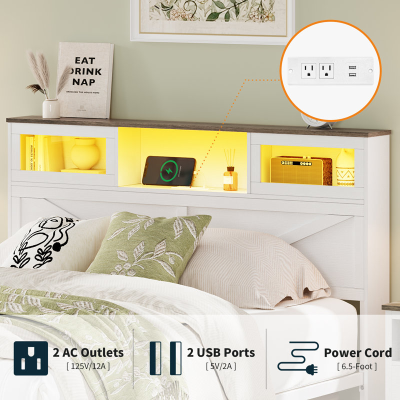Bed Frame With Headboard, Bed Frame With Charging Station, Led Beds With 2 Storage Drawers, Farmhouse Bedframe, Noise-free And No Box Spring Needed