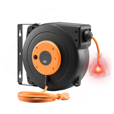 Retractable Extension Cord Reel, 30 FT, Heavy Duty 16AWG/3C SJTOW Power Cord, With Lighted Triple Tap Outlet 10 Amp Circuit Breaker, For Ceiling Or Wall Mount Garage And Shop, ETL Listed