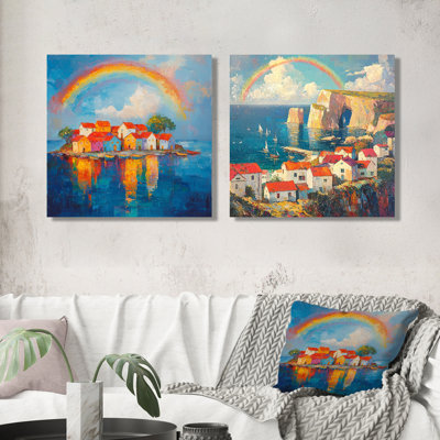 Coastal Rainbow Over The Fishing Village III - Art mural arc-en-ciel - Art mural traditionnel sur toile 2 pièces