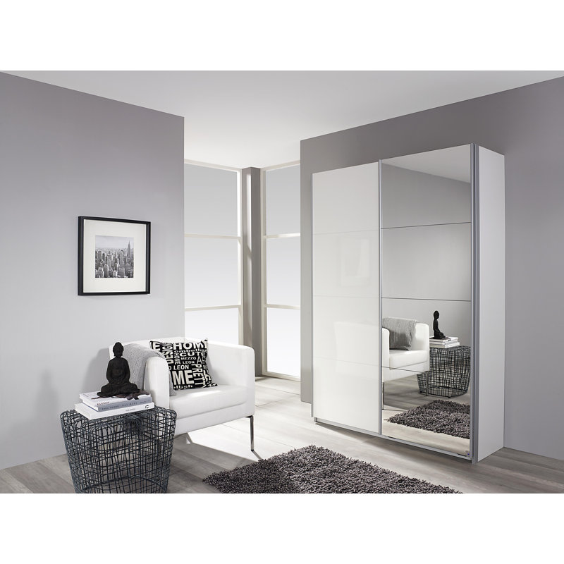 Minosa 2 Door Sliding Wardrobe, 197cm H x 181cm W x 48cm D, Basic: 7 shelves, 1 clothes rail (pull-out clothes