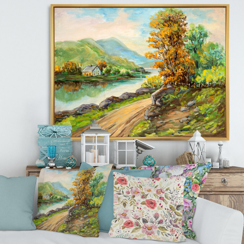 Route de campagne au bord de la rivière - Peinture sur toile, H 30 po x l 40 po x 1,5 po, Cadre flottant doré