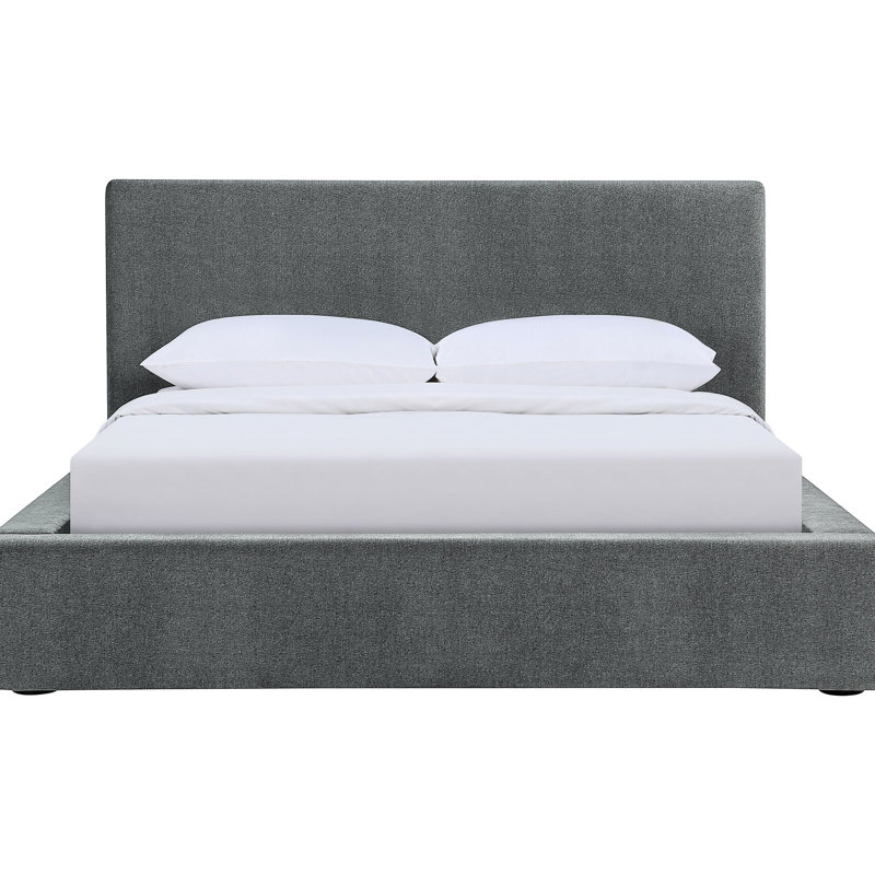 Lit superposé simple rembourré en finition graphite, tissu gris texturé et tête de lit rembourrée sans couture pour chambre à coucher avec tissu, espace de rails latéraux au design contemporain