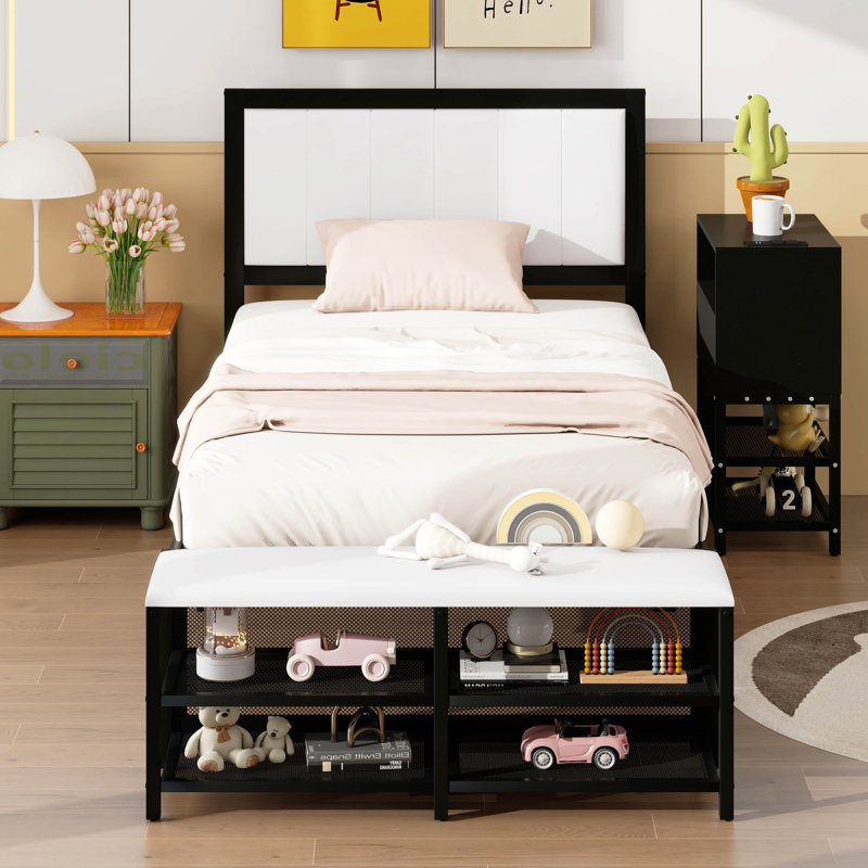 Lit plateforme en métal avec tablettes de rangement à deux niveaux, armoire de rangement en bois, Twin, Noir