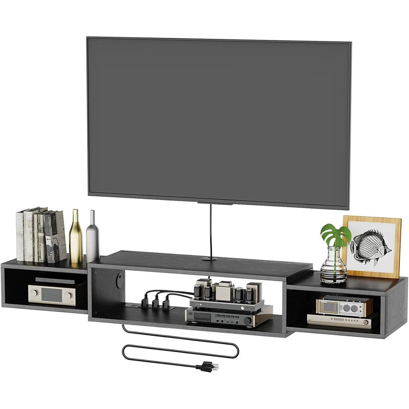 Floating TV Stand With Built-In Power Outlet, Wall Mounted Media Console With Charging Station And Cable Management For Living Room Entertainment Center