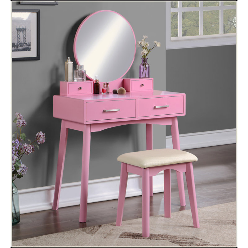 Contemporary Wood Vanity And Stool Set With 2 Drawers, Pink