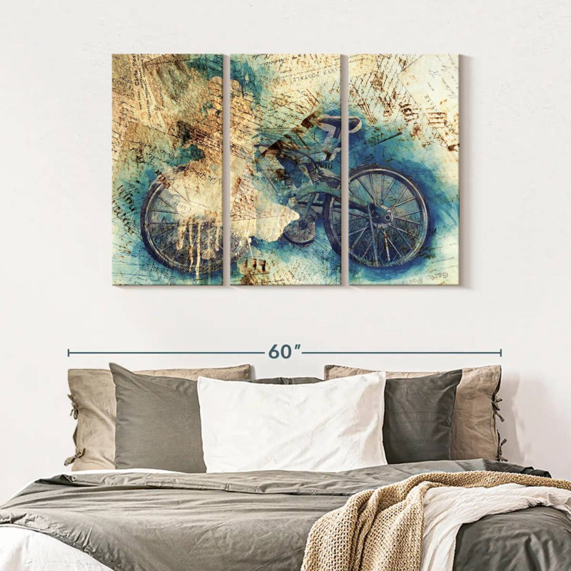 Vélo rétro sur toile abstraite, impression sur toile 3 pièces, H 50 po x l 32 po x P 1,25 po