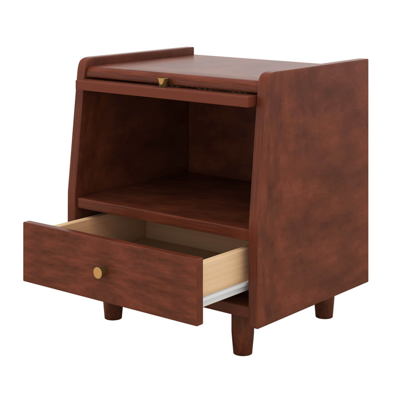 Ensemble de base de lit en bois, 1 table de chevet rétro et 1 ensemble de coiffeuse avec tabouret, Complète, Noyer