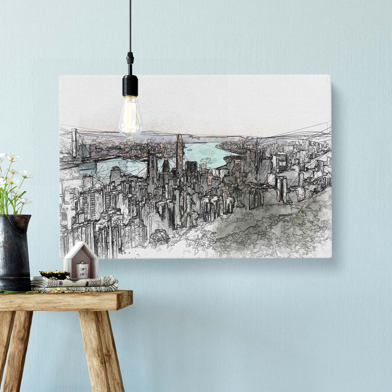 Hong Kong Skyline in Abstract - Wrapped Canvas Drawing - Wrapped Canvas, 50cm H x 76cm W x 3cm D