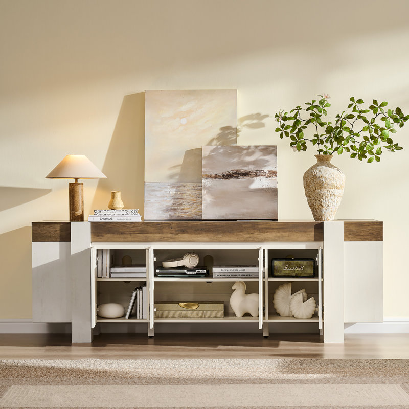 Meuble télé 70 po, console média avec armoires de rangement fermées, Blanc