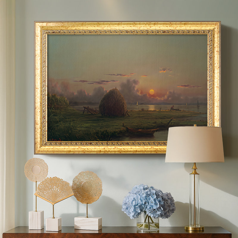 Haystack at Sunset, 1880-Martin Johnson Heade-Custom Framed Canvas, Tuscan Gold Leaf (or Mottled Gold Acanthus), No, 30X42
