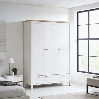 3-Door Wardrobe Closet With Hanging Rod, Lockable Drawer & Storage Shelves, Modern Freestanding Armoire Cabinet by Rebrilliant