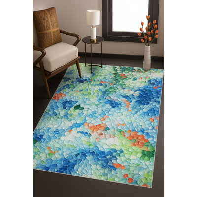 Tapis bleu tissé lavable rétro Mosso