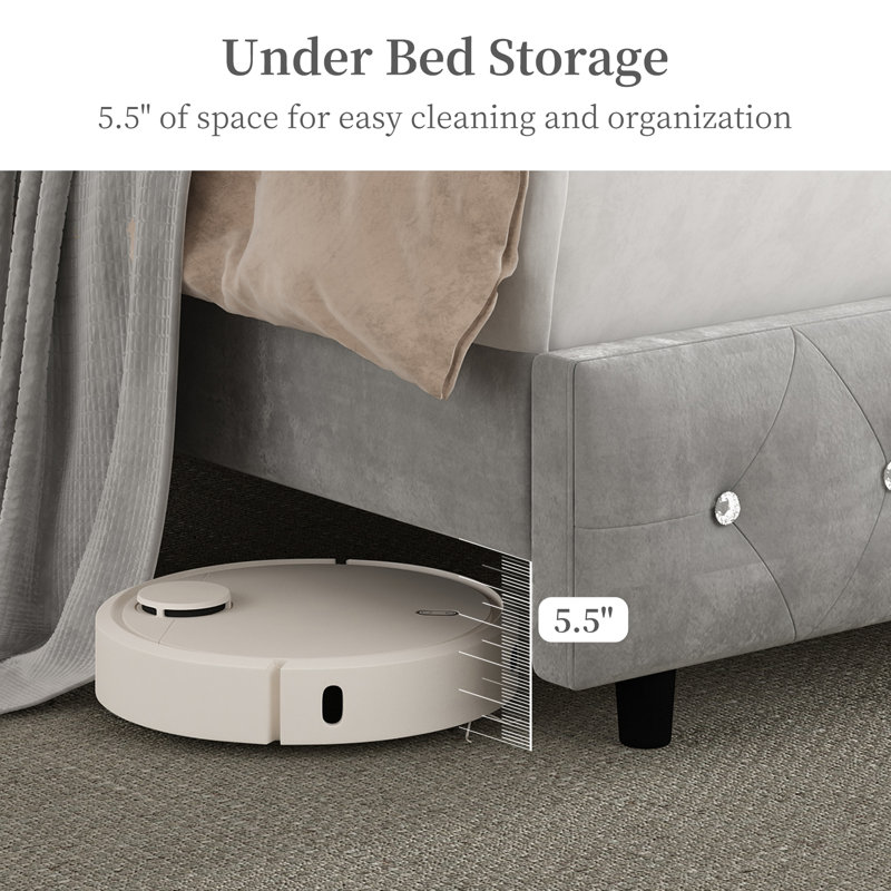 LED Bed Frame with 52" Crystal Button Tufted Upholstered Headboard, Galaxy Projector & Charging Station, Queen, Grey