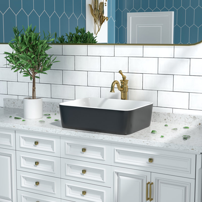 Ally 475mm x 375mm Ceramic Rectangular Countertop Basin Bathroom Sink, White/Black