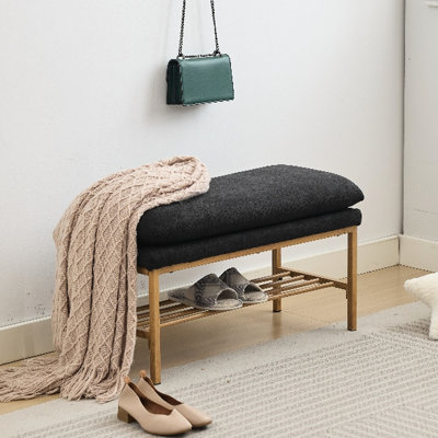 Banc de fenêtre rembourré en lin avec pieds et tablette en métal noir, pour la chambre à coucher, le salon, le vestibule, la tablette de siège supplémentaire