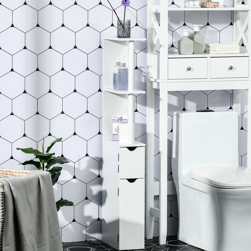 Tall White Bathroom Storage Unit, Freestanding With 2 Open Shelves And Door Cabinets, Particle Board, - Tipping Feature, Utilize Unused Space, 6" W X 11.8" D 46.5" H, 26 Lbs Total Weight Capacity