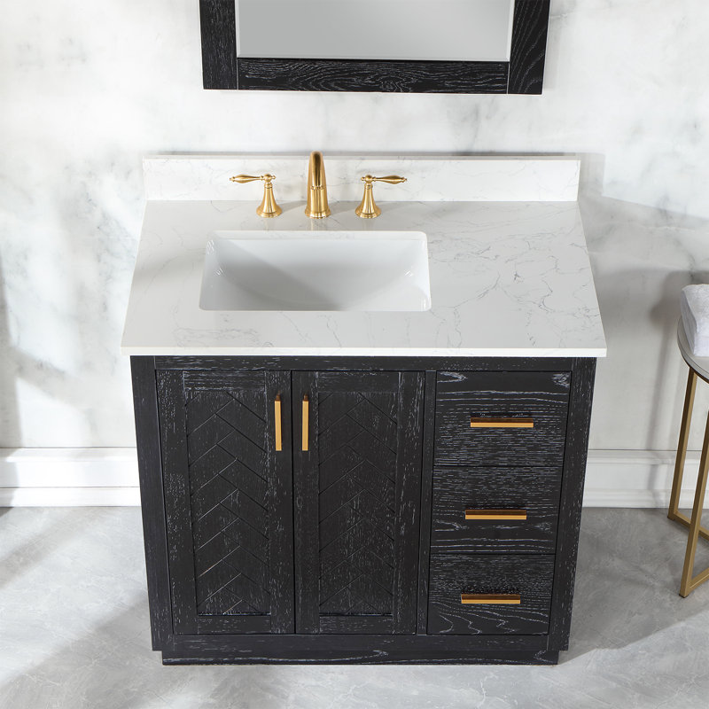 Gazsi 36" Single Bathroom Vanity Set With Grain White Engineered Stone Countertop With Mirror, Black Oak